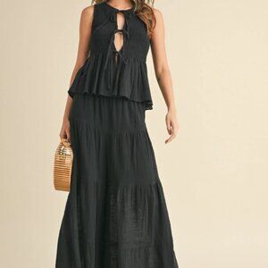 Gauze Peplum Top with Front Ties and Tiered Pants Comes in Black and Tan